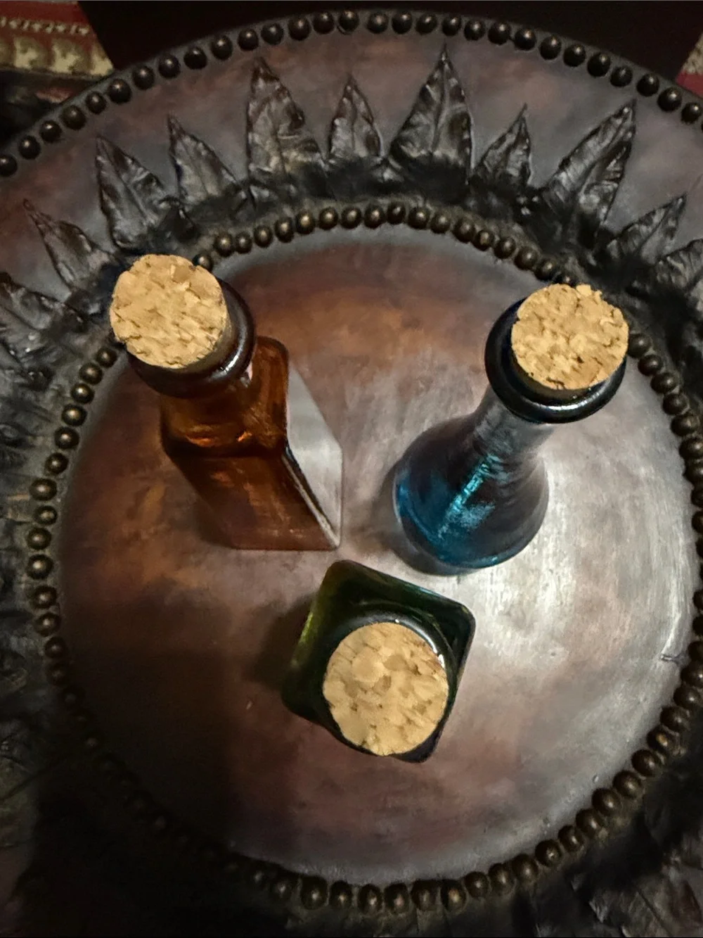 Pier 1 Blue, Amber & Green Glass Bottle Trio with Corks - Each 6 in tall